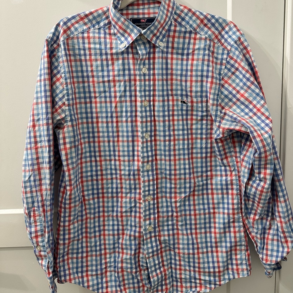 Vineyard Vines Men's Red, Blue & White Plaid Button-Down Tucker Shirt